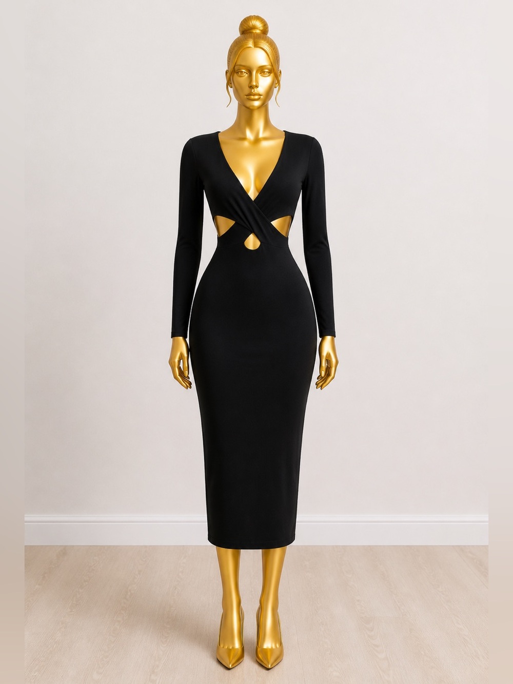 Black Long Sleeve Cutout Midi Dress - Women